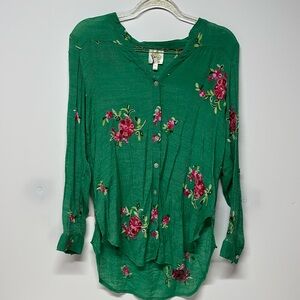 Green Blouse with Red and Pink Flowers